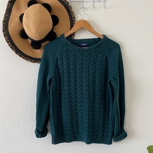 🍁🍂 Lands’ End Drifter Forest Green Cable Knit Crewneck Sweater 🍂🍁